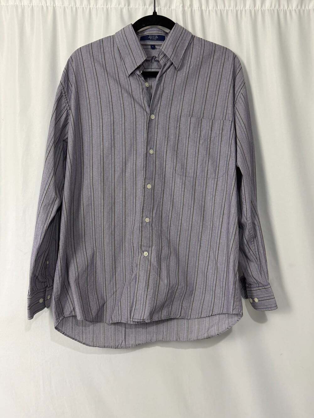 Alan Flusser Mens Shirt Medium Gray Purple Striped Long Sleeve Cotton Button Up